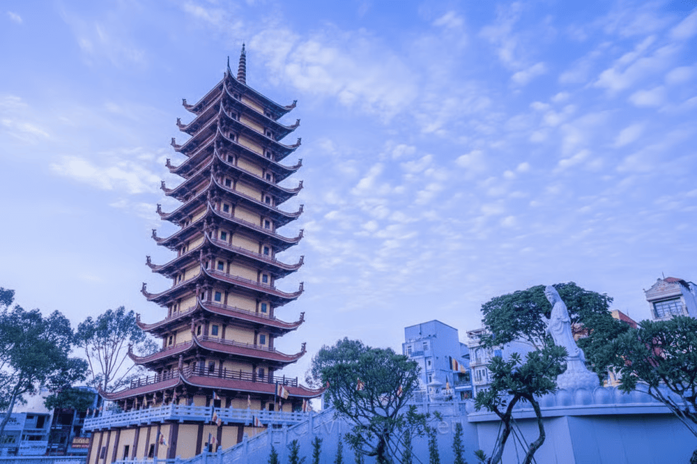 Viet Nam Quoc Tu Pagoda stands out with its 13-story tower